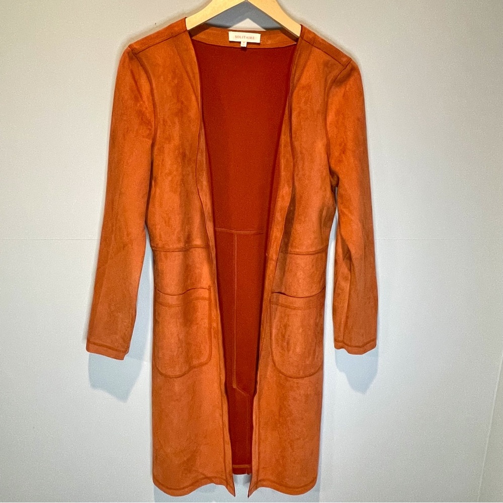 Solitaire Open-Front Long Suede Jacket in Burnt Orange